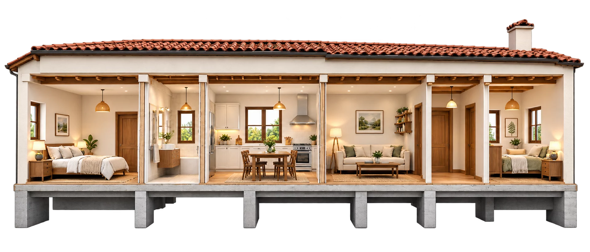 Vue en coupe d’une maison rénovée : chambre, salle de bain, cuisine et séjour